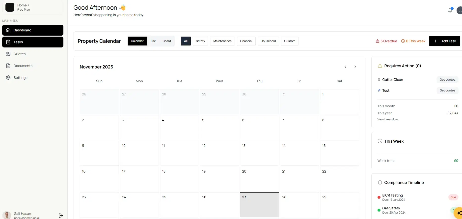 Home+ App Dashboard